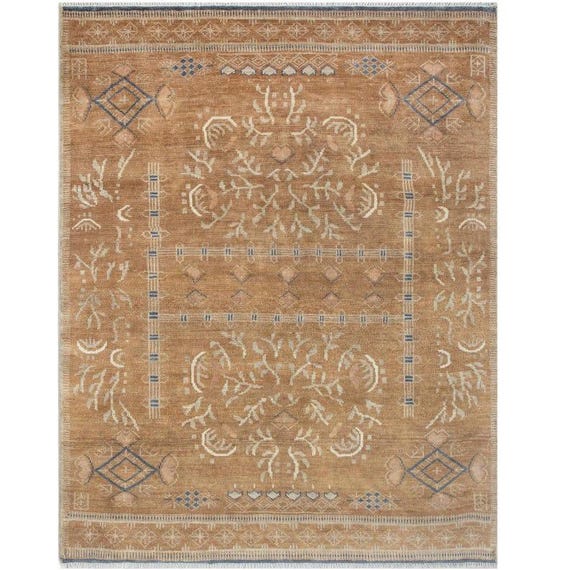 Camel Brown Oushak Area Rug, Hand-Knotted Wool with Dusty Blue and Ivory Tribal Motifs