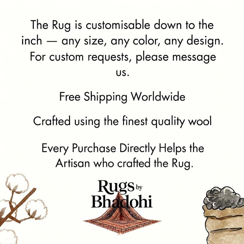 Pode incluir: Um gr&aacute;fico informativo branco com texto preto que diz: The Rug is customisable down to the inch &mdash; any size, any color, any design. For custom requests, please message us. Crafted using the finest quality wool. Logotipo Rugs by Bhadohi.