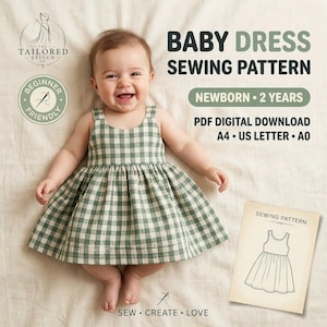 May include: A baby dress sewing pattern featuring a green and white gingham check sleeveless dress. Text includes BABY DRESS SEWING PATTERN, NEWBORN - 2 YEARS, PDF DIGITAL DOWNLOAD, A4 - US LETTER - A0, and THE TAILORED STITCH CO. logo.