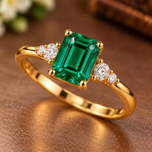 Peut inclure: Une bague en or avec une grande pierre précieuse verte taille émeraude au centre, flanquée de deux petites pierres rondes transparentes de chaque côté. L'anneau est en or jaune poli, offrant un aspect classique avec une pierre rectangulaire.