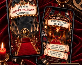 May include: Two smartphones displaying a Haunted Hollywood Halloween party invitation design. The screens feature a red carpet, theater marquee text, and ticket-style event details including date, time, and location, set against a dark, dramatic backdrop.