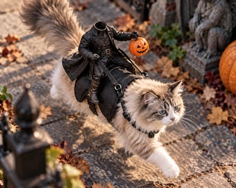 Headless Horseman Cat Costume Halloween Pet Rider Outfit 3D Printed Saddle Lighted Pumpkin Option