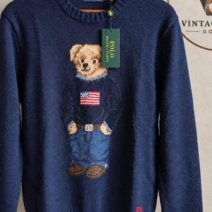 Navy Teddy Bear Knit Sweater Men’s Vintage Style Pullover American Flag Gift for Him or Her