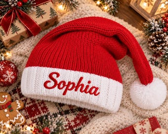 名前刺繍入りのパーソナライズされたニットサンタ帽、カスタムクリスマスビーニー、手作りのファミリーホリデーハット、子供と大人向けの冬のパーティーギフト