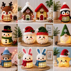 Può includere: Una collezione di nove coppie di figure all'uncinetto illuminate, tra cui renne, case di pan di zenzero, pinguini, pupazzi di neve, volti di Babbo Natale, gnomi, orsi, conigli e stelle, con basi a griglia che si illuminano dall'interno.