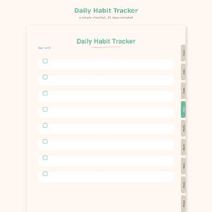 Könnte beinhalten: Eine digitale Seite zur täglichen Gewohnheitsverfolgung mit cremefarbenem Hintergrund und salbeigrüner Schrift. Die Überschrift lautet Daily Habit Tracker, a simple checklist, 31 days included. Sie enthält acht leere Kästchen und eine Seitenleiste.