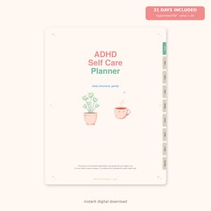 Könnte beinhalten: Ein digitaler ADHD Self Care Planner mit cremefarbenem Hintergrund, der den Text "ADHD Self Care Planner" und "daily structure, gently" enthält. Er zeigt Illustrationen einer Topfpflanze mit herzförmigen Blättern und einer kleinen lächelnden Tasse.