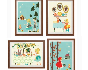FAIRY TALE | Set of Four Posters : Modern Illustration Children Fairy Tale Retro Art Wall Decor Print