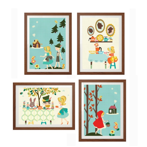 FAIRY TALE | Set of Four Posters : Modern Illustration Children Fairy Tale Retro Art Wall Decor Print