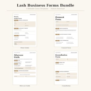 May include: A Lash Business Forms Bundle featuring four editable templates: Beauty Intake Form, Consent Form, Aftercare Guide, and Consultation Form. Each document uses a beige and black colour scheme with structured sections for client data.