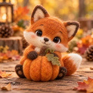 May include: A needle-felted fox figurine with orange and white fur, dark brown ears, and black paws, holding a small orange pumpkin with a green felt leaf. The fox has large dark eyes and a soft, textured appearance, sitting upright.