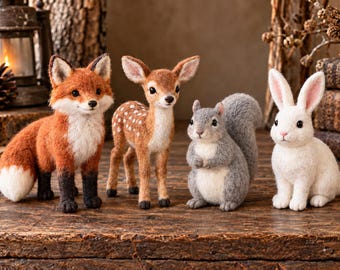 Needle Felted Woodland Animals Set, Miniature Wool Fox, Deer, Grey Squirrel, and Bunny, Rustic Forest Animal Figurines, Nursery Decor