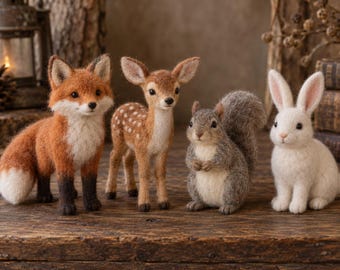 Ensemble d'animaux de la forêt en feutre aiguilleté, renard, cerf, écureuil gris et lapin miniatures en laine, figurines d'animaux de la forêt rustiques, décoration pour chambre d'enfant
