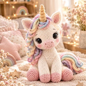 May include: A cream-colored crochet unicorn plush toy featuring a golden spiral horn, large black eyes, pink cheeks, and a long, flowing mane and tail made of multicolored pastel yarn in shades of pink, yellow, blue, and purple.