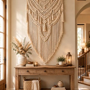 May include: A large, off-white macrame wall hanging featuring intricate knotted patterns, geometric shapes, and long hanging fringe. The piece is suspended from a horizontal wooden rod and displays a symmetrical, pointed design with multiple tassels.