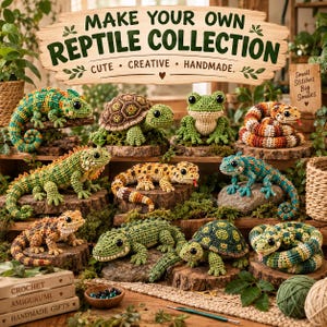 May include: A collection of crocheted amigurumi reptiles and amphibians including a chameleon, turtle, frog, snake, iguana, gecko, and lizard. A wooden sign reads MAKE YOUR OWN REPTILE COLLECTION CUTE CREATIVE HANDMADE and Small Stitches Big Smiles.