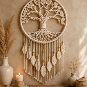 Può includere: Una decorazione da parete circolare in macramè con un intricato design dell'albero della vita realizzato in corda color avorio. L'oggetto presenta un motivo centrale ad albero con rami e foglie intrecciati, rifinito con piume in corda e perline.