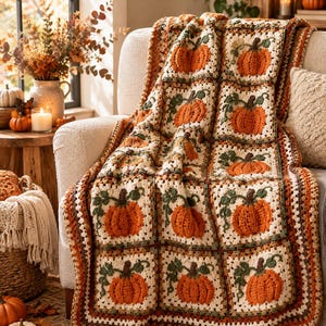 May include: A crochet blanket featuring a repeating pattern of square motifs, each displaying a textured orange pumpkin with green vines and leaves. The squares are bordered in cream, brown, and orange yarn, creating a grid-like design throughout.