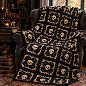 Gothic Skull Blanket Crochet Pattern PDF, Black Granny Square Throw, Skeleton Skull Afghan, Halloween Gothic Home Decor, Digital Download