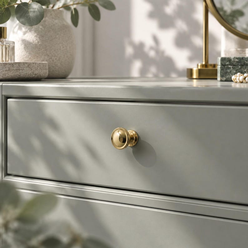 K&ouml;nnte beinhalten: Eine salbeigr&uuml;ne Schubladenfront mit einem einzelnen, polierten, goldfarbenen, runden Knopf. Die Schublade ist flach gestaltet und weist ein klares, horizontales Design mit einer glatten, matten Oberfl&auml;che und einem reflektierenden Metallglanz am Knopf auf.