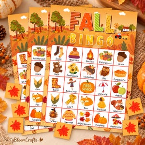 May include: A Fall Bingo game set featuring three identical printed cards with a grid of autumn-themed illustrations including a fox, pumpkin, owl, and sweater. The cards are surrounded by several small, square, orange maple leaf markers.
