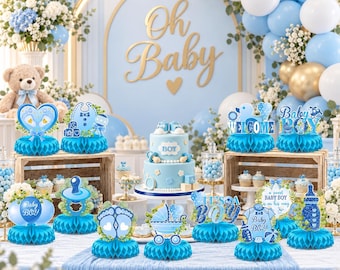 6-Piece Baby Boy Shower Centerpieces: Blue Watercolor Floral Decorations