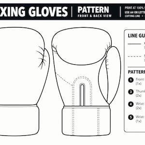 May include: A black and white sewing pattern for boxing gloves showing front and back views. The document includes a line guide for cut and stitching lines, and a list of pattern pieces labeled 1, 3, 4, and 5 with their required quantities.