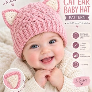 Pode incluir: Um gorro de bebé em croché rosa com orelhas de gato, padrão de estrelas e rebordo canelado. O texto diz Sweet Kitten, Crochet CAT EAR BABY HAT PATTERN, com tutorial fotográfico, fio DK, agulhas de 3,5 mm e 3,0 mm, 5 tamanhos disponíveis.