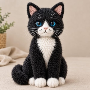 Peut inclure: Une figurine de chat au crochet avec une fourrure noire, un poitrail, un museau et des pattes blancs. Le chat a de grands yeux bleu vif, un petit nez rose et de longues moustaches blanches. L'intérieur des oreilles est rose clair et texturé.
