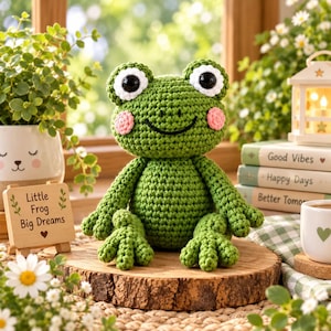 May include: A green crocheted frog plush toy with large black and white eyes and pink cheeks. The frog sits on a round wooden slice. Next to it is a small wooden sign with the text 'Little Frog Big Dreams' and a heart icon, alongside books.