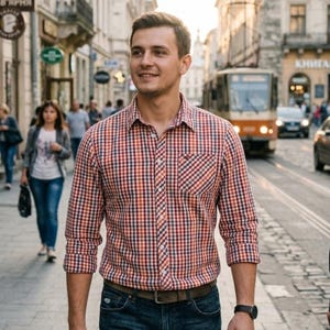 Vintage Mustang Men's Plaid Shirt | Red Orange Cotton Checkered Button Down (XL)
