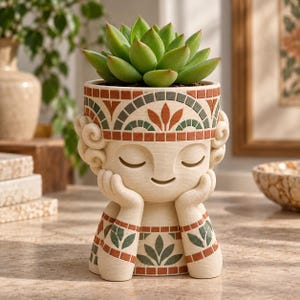 May include: A cream-colored planter shaped like a person resting their chin on their hands. The planter features a mosaic-style pattern in terracotta and sage green around the head and torso, containing a vibrant green succulent plant on top.