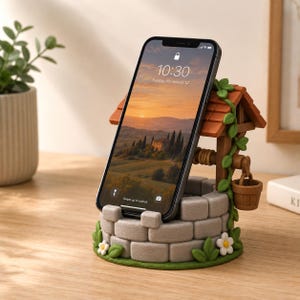 Puede incluir: Un teléfono inteligente sobre un soporte decorativo con forma de pozo de los deseos de piedra. El soporte tiene un techo marrón, un pequeño cubo colgante, enredaderas verdes y flores blancas. La pantalla muestra un paisaje al atardecer y las 10:30.