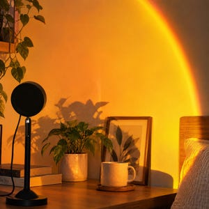 Op de afbeelding: Een zwarte zonsondergang-projectielamp met een ronde kop en verstelbare standaard, die een levendige, gebogen boog van warm oranje en geel licht op een muur werpt, wat een gloeiende sfeer creëert met een plant en een mok.