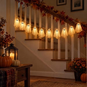 May include: A string of ten illuminated ghost-shaped lights, each featuring a textured white fabric body and two small black eyes. The ghost lights are connected by a thin wire and emit a warm, soft glow, creating a festive lighting display.