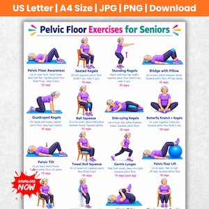 May include: A digital instructional chart titled Pelvic Floor Exercises for Seniors, featuring illustrations of a person performing various exercises like seated kegels, bridges, and stretches, with text instructions for each movement and rep counts.
