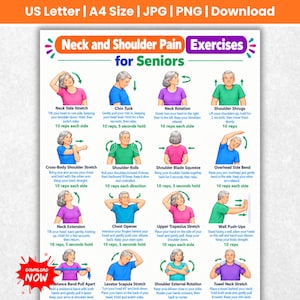 May include: An instructional poster titled Neck and Shoulder Pain Exercises for Seniors, featuring twelve illustrated figures demonstrating physical movements with descriptive text, green arrows, and instructions for each exercise.