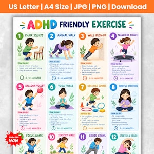 Peut inclure: Une affiche numérique intitulée ADHD Friendly Exercise présentant douze panneaux numérotés avec des illustrations colorées d'enfants effectuant des activités physiques comme des squats, des marches animales et du yoga, incluant des instructions.