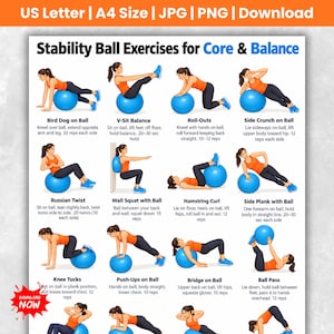 Puede incluir: Un cartel instructivo digital titulado Stability Ball Exercises for Core & Balance, que presenta doce ilustraciones de personas con tops naranjas y leggings negros realizando varios ejercicios con una pelota azul, incluyendo instrucciones de texto.