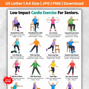 Peut inclure: Une affiche numérique intitulée Low Impact Cardio Exercise For Seniors présentant douze personnages illustrés effectuant divers mouvements comme des levées de genoux, des cercles de bras et des pas latéraux avec des instructions textuelles.