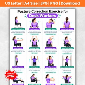 May include: A digital poster titled Posture Correction Exercise for Desk Workers featuring twelve illustrations of a person in a purple shirt demonstrating stretches. The document includes text instructions for each exercise and is available as a download.