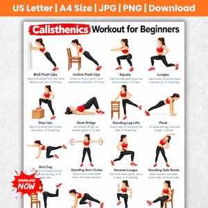 Op de afbeelding: Een digitale poster getiteld Calisthenics Workout for Beginners met twaalf illustraties van een persoon in rode sportkleding die oefeningen uitvoert zoals muur-push-ups, squats, lunges, glute bridges en planks met bijbehorende tekstinstructies.