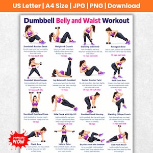 May include: A digital workout chart titled Dumbbell Belly and Waist Workout featuring sixteen illustrations of a person in purple athletic wear performing various exercises with dumbbells, including instructions and repetition counts for each movement.