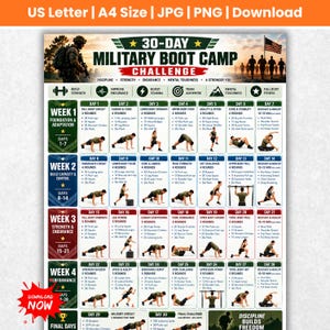 May include: A 30-day military boot camp challenge workout chart featuring a daily exercise schedule, instructional text, and illustrations of people performing various fitness movements, available in US Letter and A4 sizes.