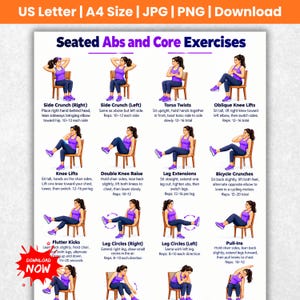 May include: A digital instructional poster titled Seated Abs and Core Exercises featuring twelve illustrations of a person performing various seated fitness movements on a wooden chair, with descriptive text and repetition counts for each exercise.
