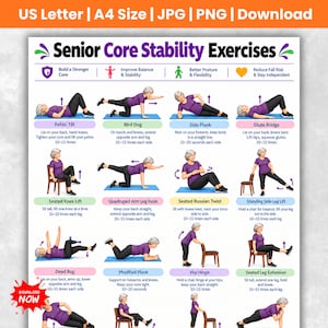 May include: A digital poster titled Senior Core Stability Exercises featuring twelve illustrations of a person performing fitness movements. Each section includes text instructions for exercises like pelvic tilts, planks, and leg lifts for balance.