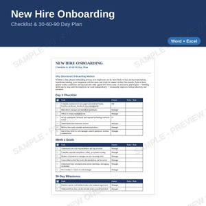 Può includere: Un modello di documento per la lista di controllo dell'inserimento dei nuovi assunti e un piano di 30-60-90 giorni. La pagina include sezioni per la lista di controllo del giorno 1, gli obiettivi della settimana 1 e le tappe fondamentali di 30 giorni.