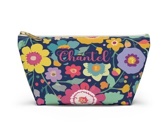 Personalized Floral Accessory Pouch: Blue Flower Makeup Bag