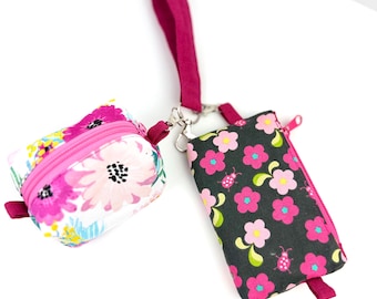Handmade Cotton Linen Wristlet Wallet Coin Pouch Set | Floral Ladybug Print Bag