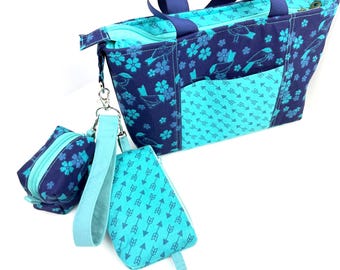 The Grab & Go Set™/Tote Bag Set with Wristlet Keychain | Floral ID Wallet.Handmade Wristlet Pouch.Gift for her |
